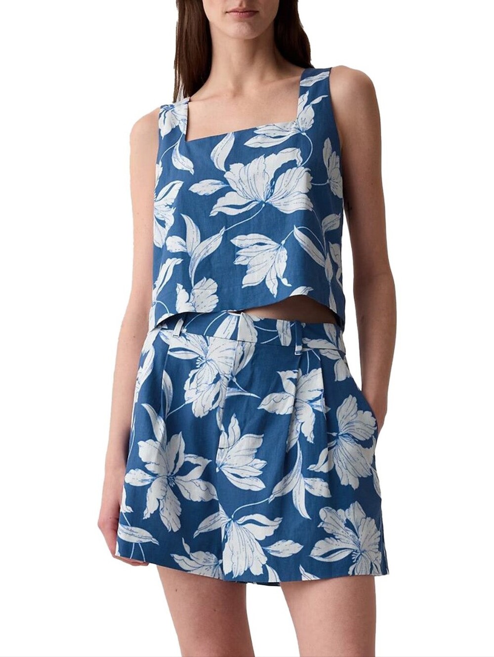 Gap Matching Set Tank Top Shirt Shorts 365 Linen Blue White Floral Small NWT